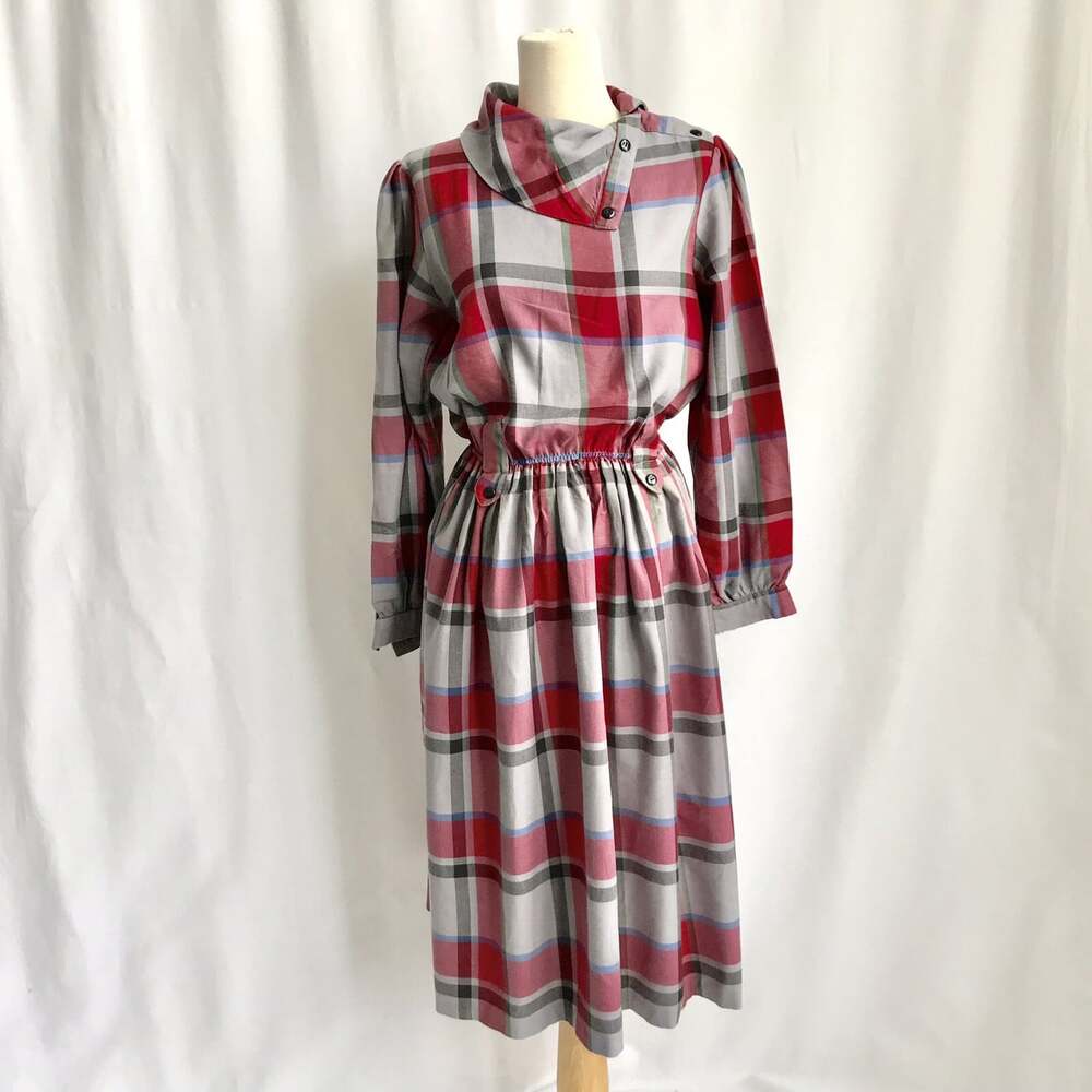 Vintage Katie’s Gray Red Plaid Long Sleeve Calf Length Dress Size 10 (S/M)